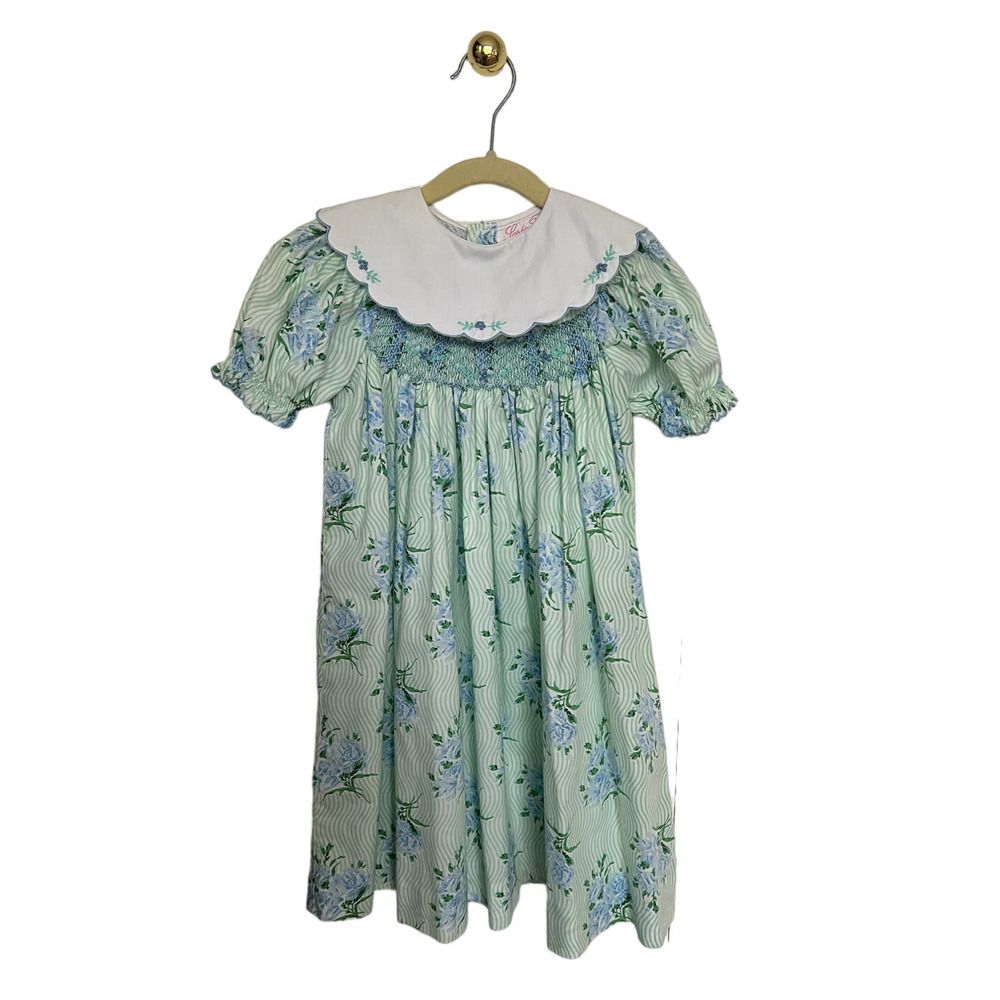 Classic Green Floral Smocked Girls' Dress with White Peter Pan Collar